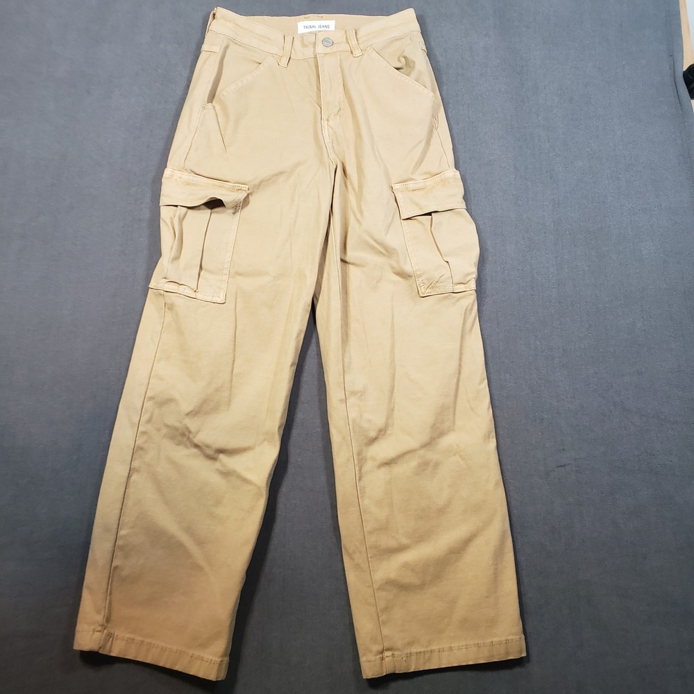 Tribal Jeans Cargo Pants Womens 4 Tan‎ Khaki Wide Leg High Rise Cotton Blend